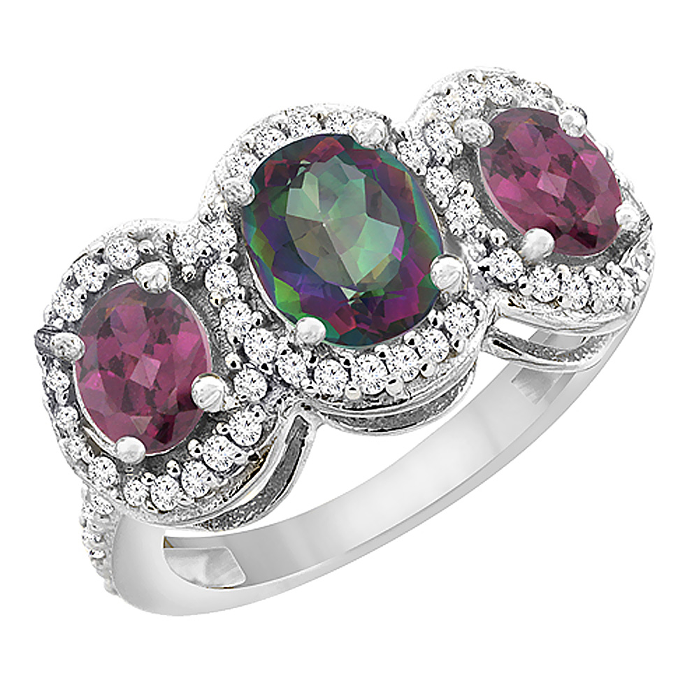 10K White Gold Natural Mystic Topaz & Rhodolite 3-Stone Ring Oval Diamond Accent, sizes 5 - 10