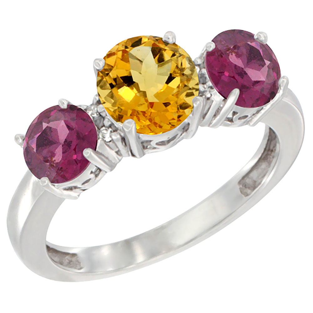 14K White Gold Round 3-Stone Natural Citrine Ring & Rhodolite Sides Diamond Accent, sizes 5 - 10