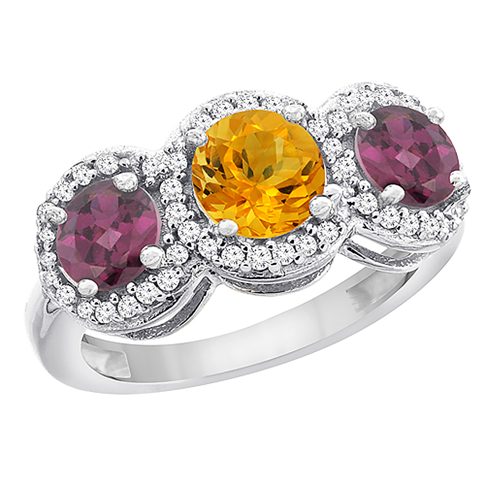 14K White Gold Natural Citrine &amp; Rhodolite Sides Round 3-stone Ring Diamond Accents, sizes 5 - 10