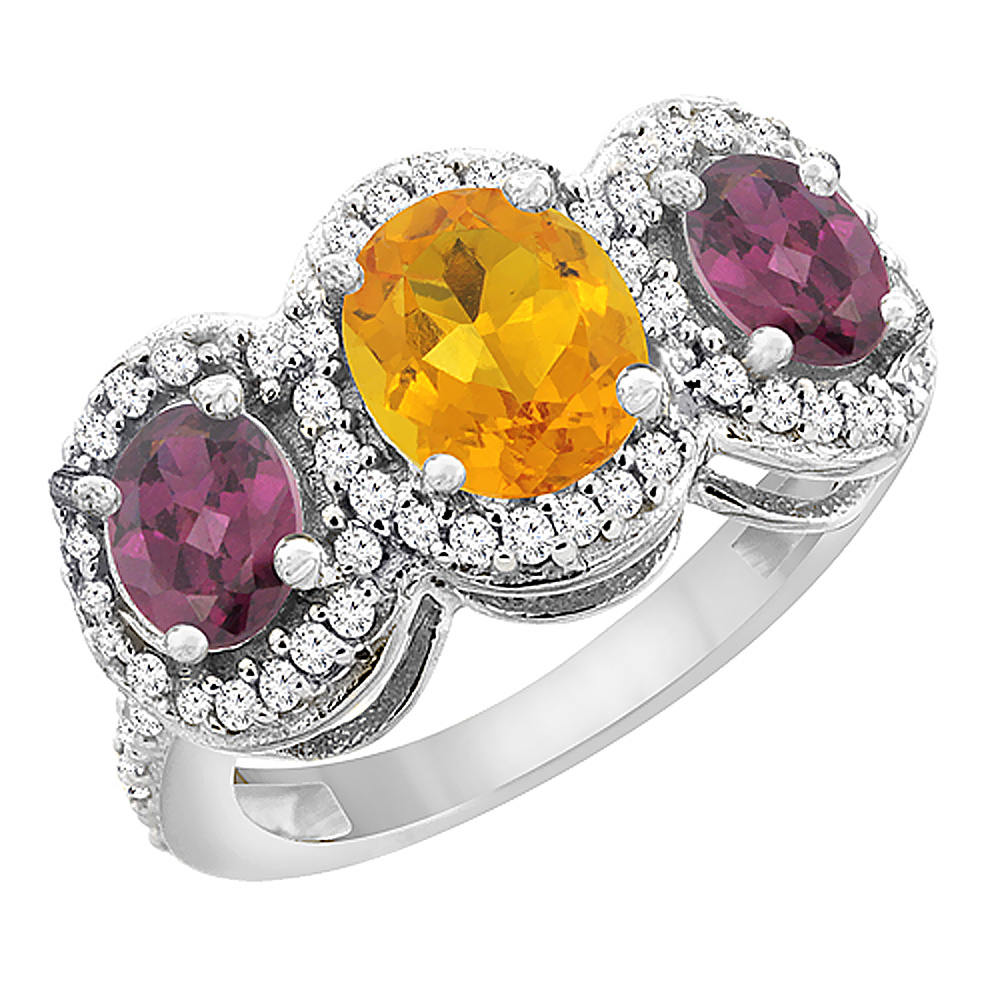 10K White Gold Natural Citrine & Rhodolite 3-Stone Ring Oval Diamond Accent, sizes 5 - 10