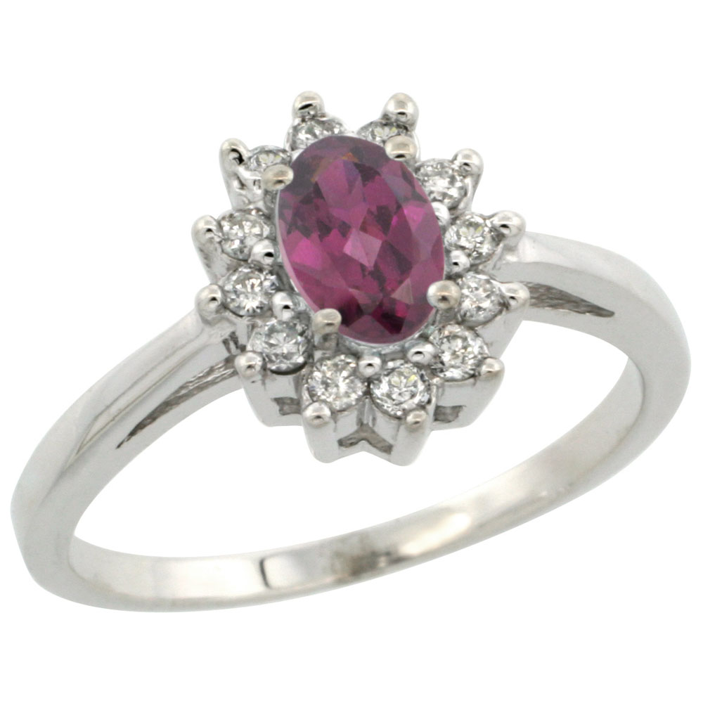 14K White Gold Natural Rhodolite Flower Diamond Halo Ring Oval 6x4 mm, sizes 5 10