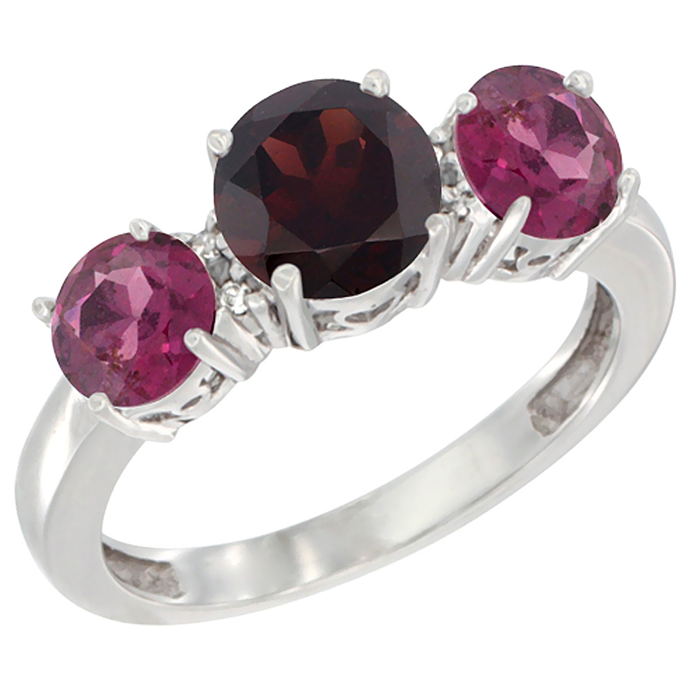 14K White Gold Round 3-Stone Natural Garnet Ring & Rhodolite Sides Diamond Accent, sizes 5 - 10