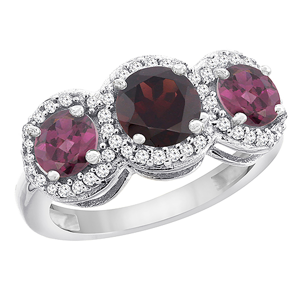 14K White Gold Natural Garnet & Rhodolite Sides Round 3-stone Ring Diamond Accents, sizes 5 - 10