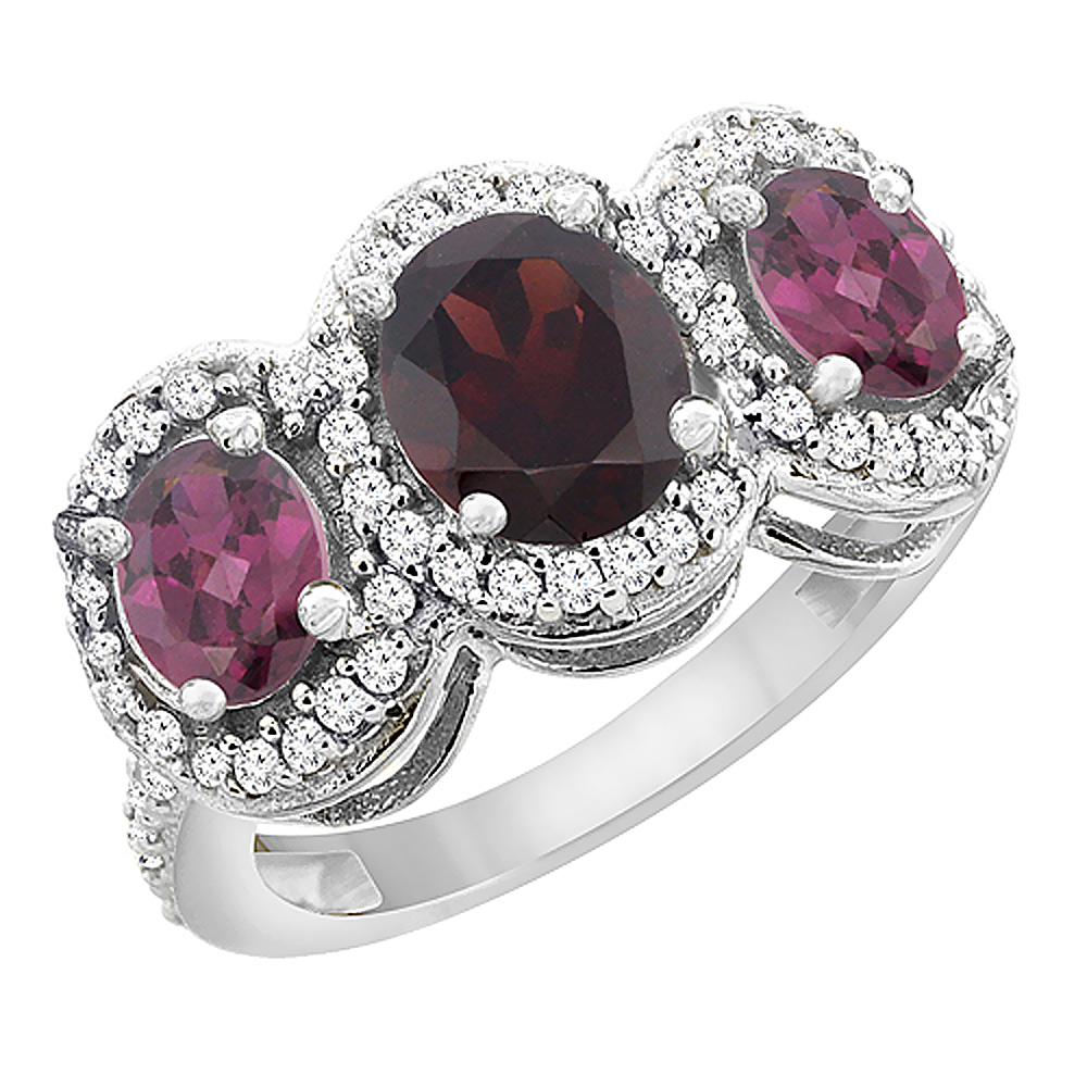 14K White Gold Natural Garnet & Rhodolite 3-Stone Ring Oval Diamond Accent, sizes 5 - 10