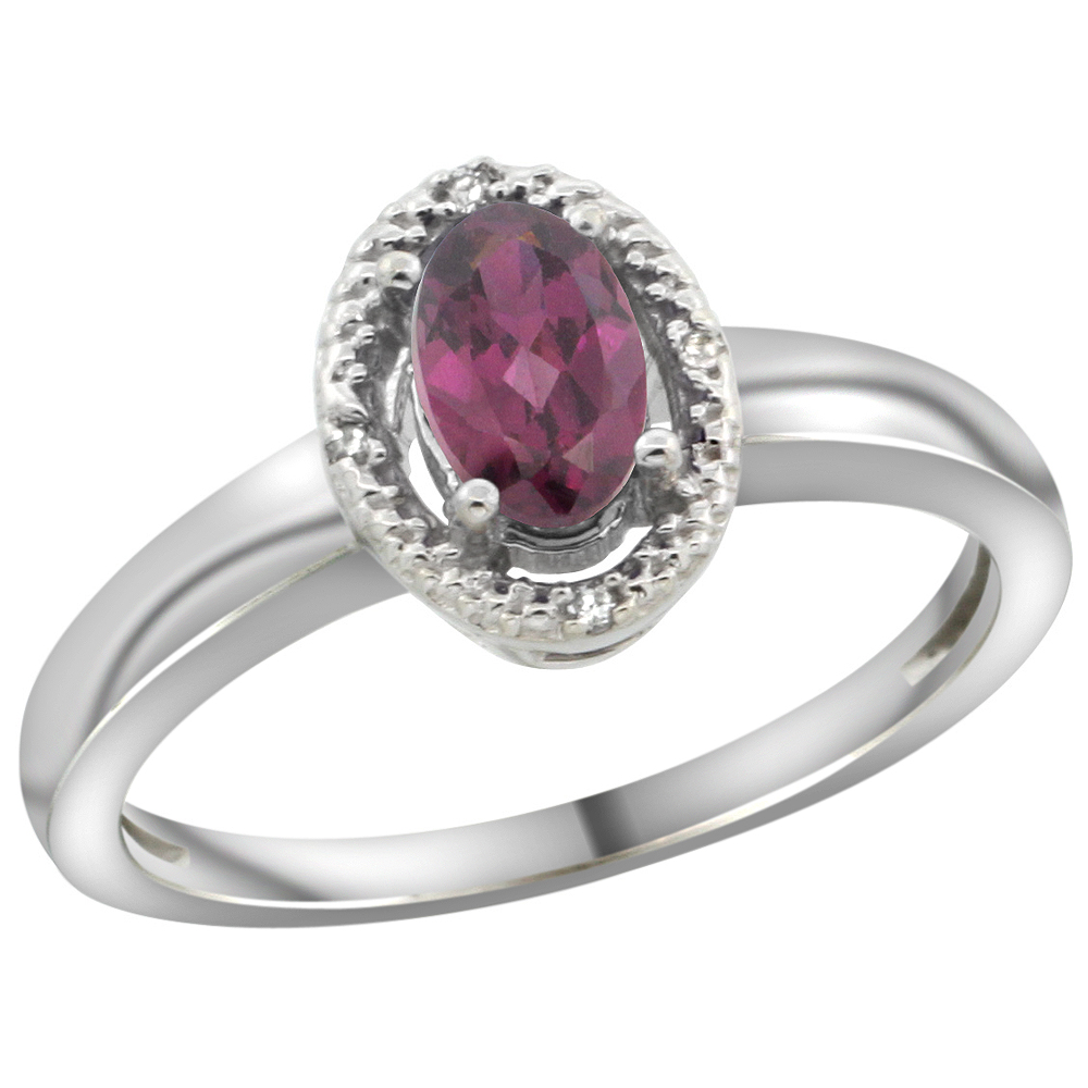 14K White Gold Diamond Halo Natural Rhodolite Engagement Ring Oval 6X4 mm, sizes 5-10