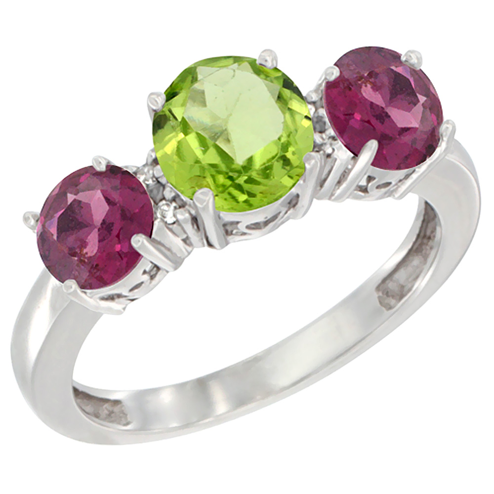 14K White Gold Round 3-Stone Natural Peridot Ring & Rhodolite Sides Diamond Accent, sizes 5 - 10