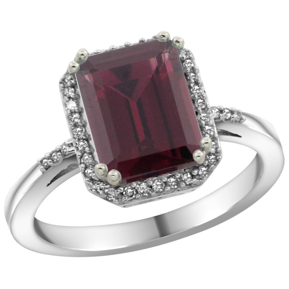 10K White Gold Diamond Natural Rhodolite Ring Emerald-cut 9x7mm, sizes 5-10