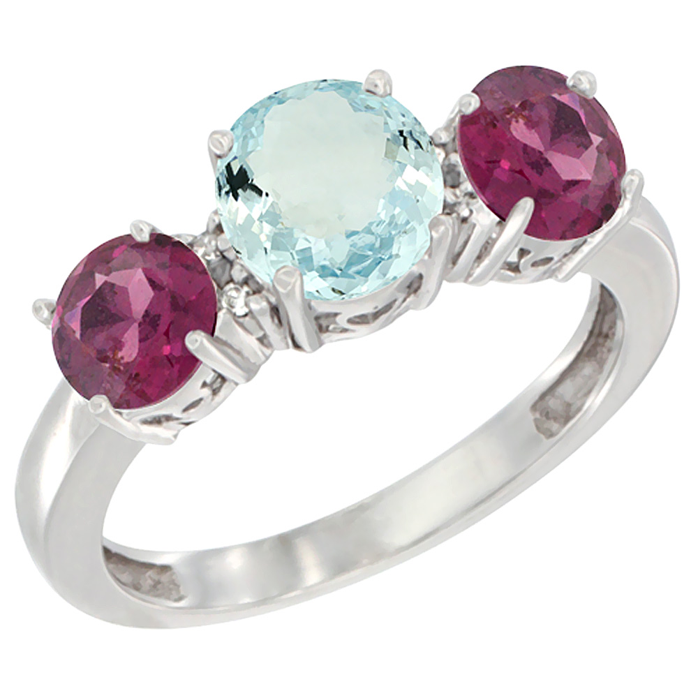 10K White Gold Round 3-Stone Natural Aquamarine Ring &amp; Rhodolite Sides Diamond Accent, sizes 5 - 10