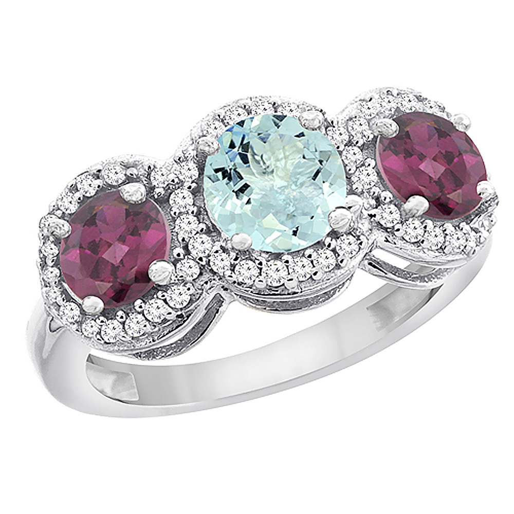 10K White Gold Natural Aquamarine &amp; Rhodolite Sides Round 3-stone Ring Diamond Accents, sizes 5 - 10