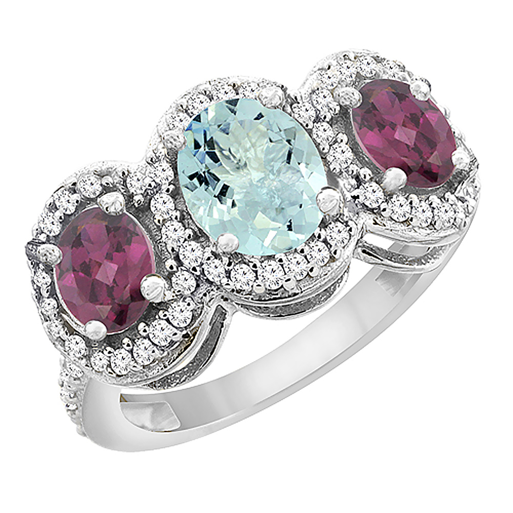 10K White Gold Natural Aquamarine &amp; Rhodolite 3-Stone Ring Oval Diamond Accent, sizes 5 - 10