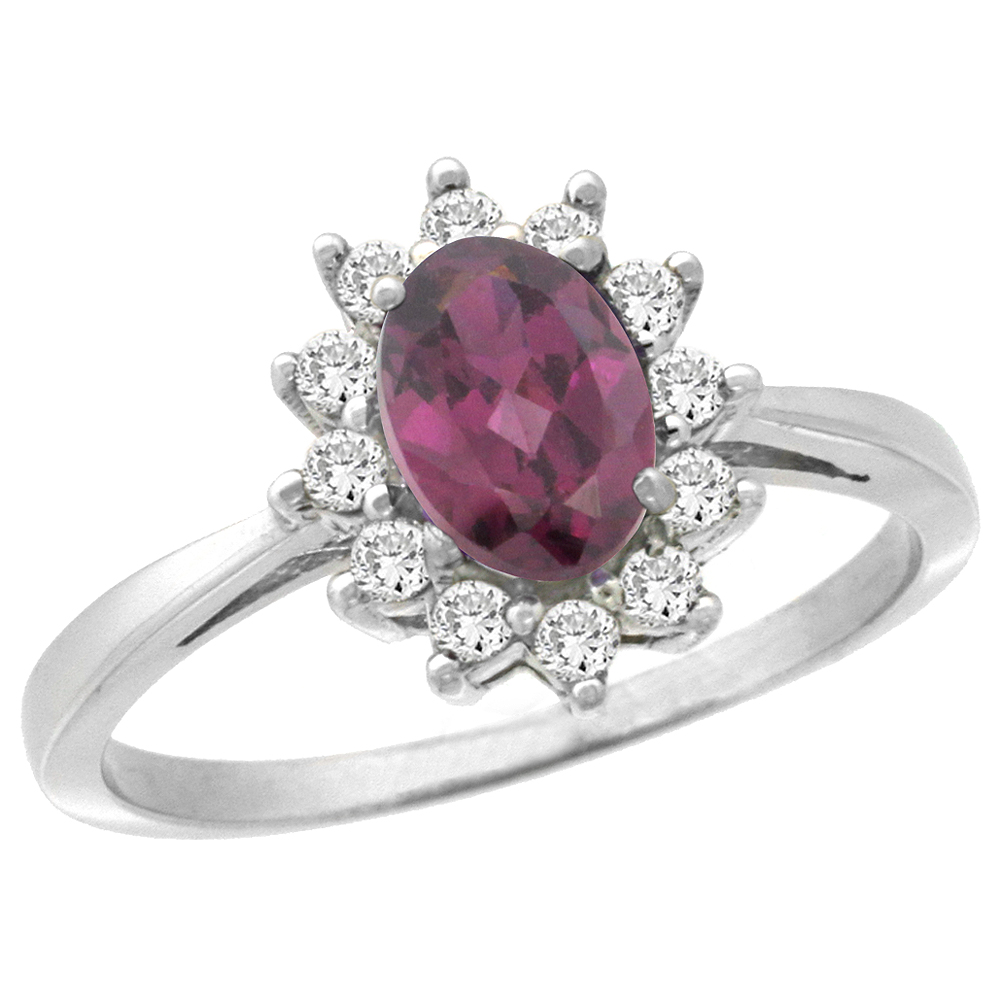 10k White Gold Natural Rhodolite Engagement Ring Oval 7x5mm Diamond Halo, sizes 5-10