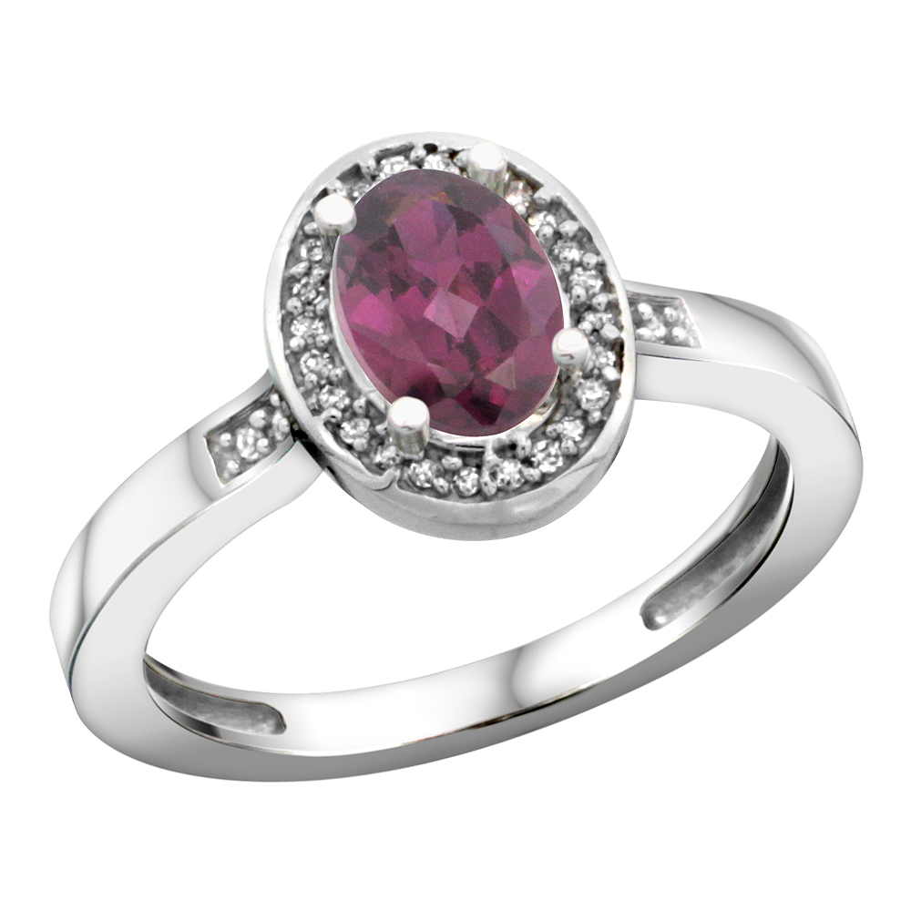 14K White Gold Diamond Natural Rhodolite Engagement Ring Oval 7x5mm, sizes 5-10