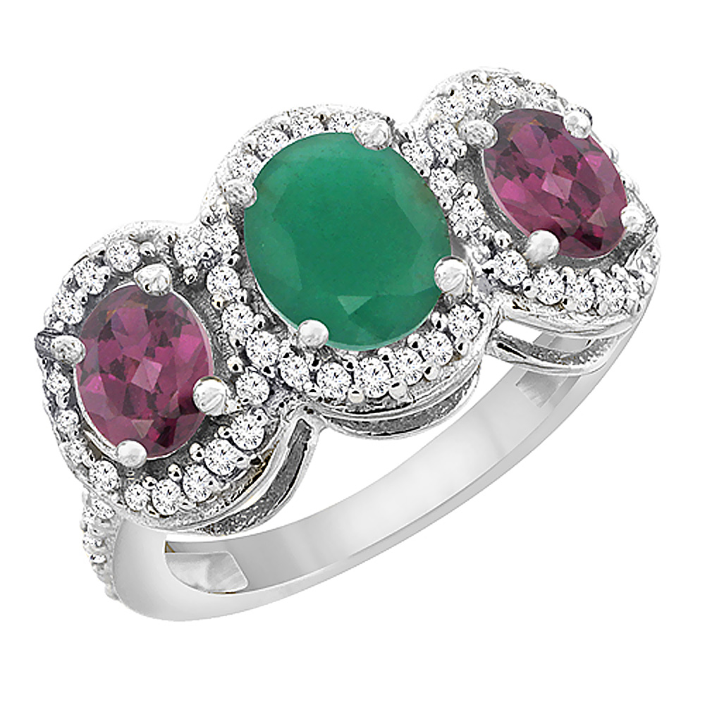 10K White Gold Natural Cabochon Emerald & Rhodolite 3-Stone Ring Oval Diamond Accent, sizes 5 - 10