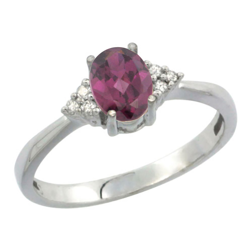 10K White Gold Diamond Natural Rhodolite Engagement Ring Oval 7x5mm, sizes 5-10