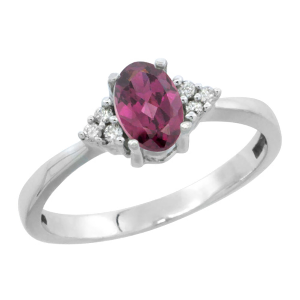 10KWhite Gold Natural Rhodolite Ring Oval 6x4mm Diamond Accent, sizes 5-10