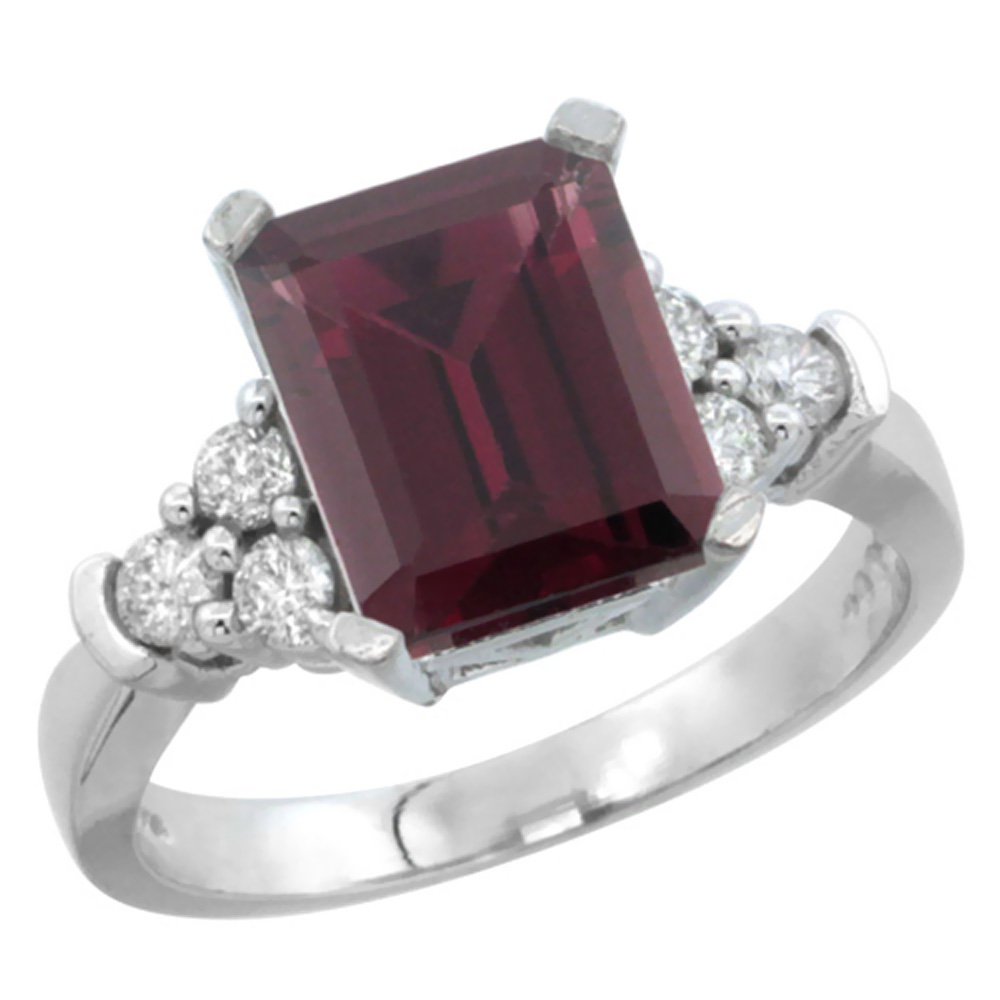 14K White Gold Natural Rhodolite Ring Octagon 9x7mm Diamond Accent, sizes 5-10