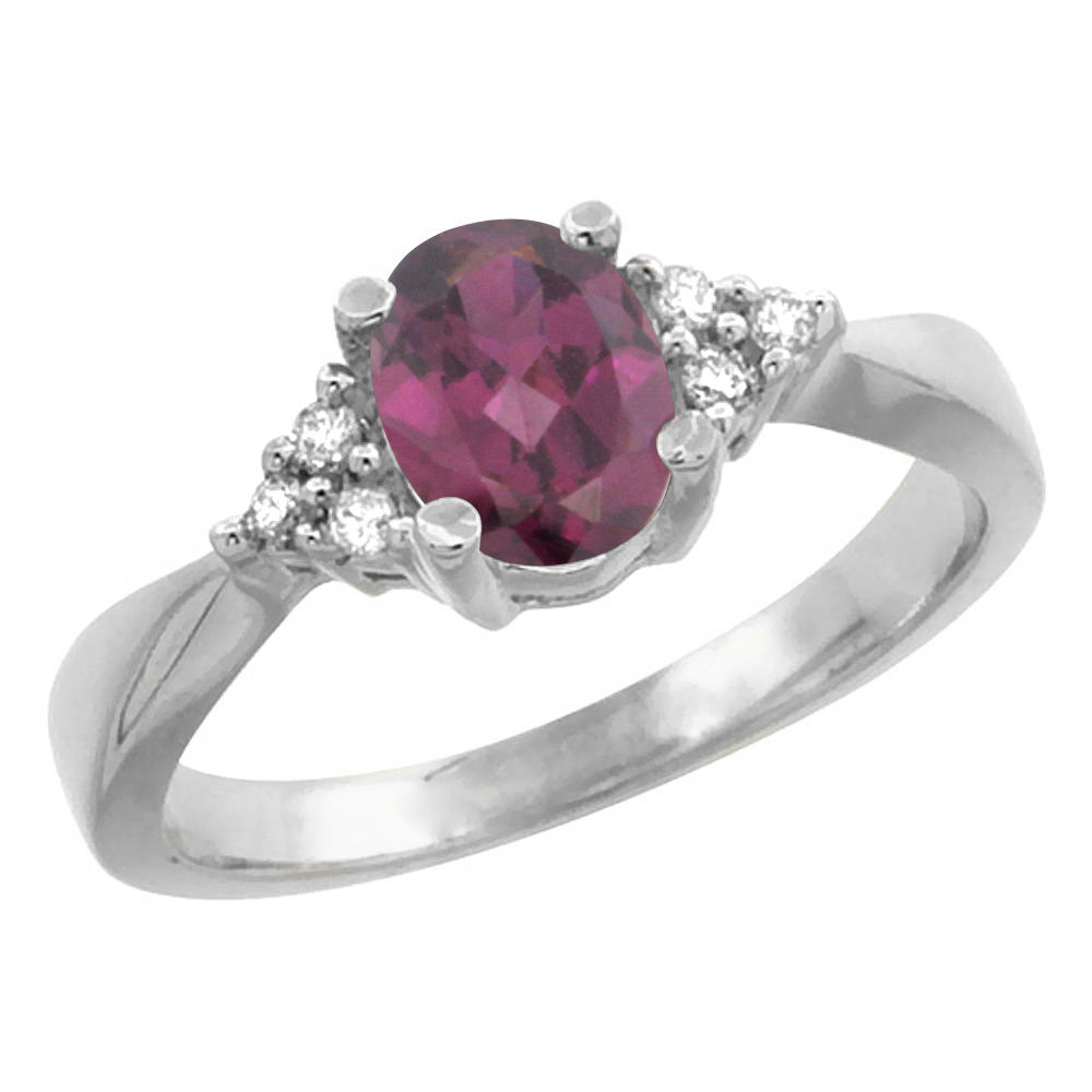 14K White Gold Diamond Natural Rhodolite Engagement Ring Oval 7x5mm, sizes 5-10