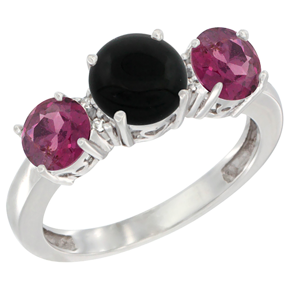 10K White Gold Round 3-Stone Natural Black Onyx Ring & Rhodolite Sides Diamond Accent, sizes 5 - 10