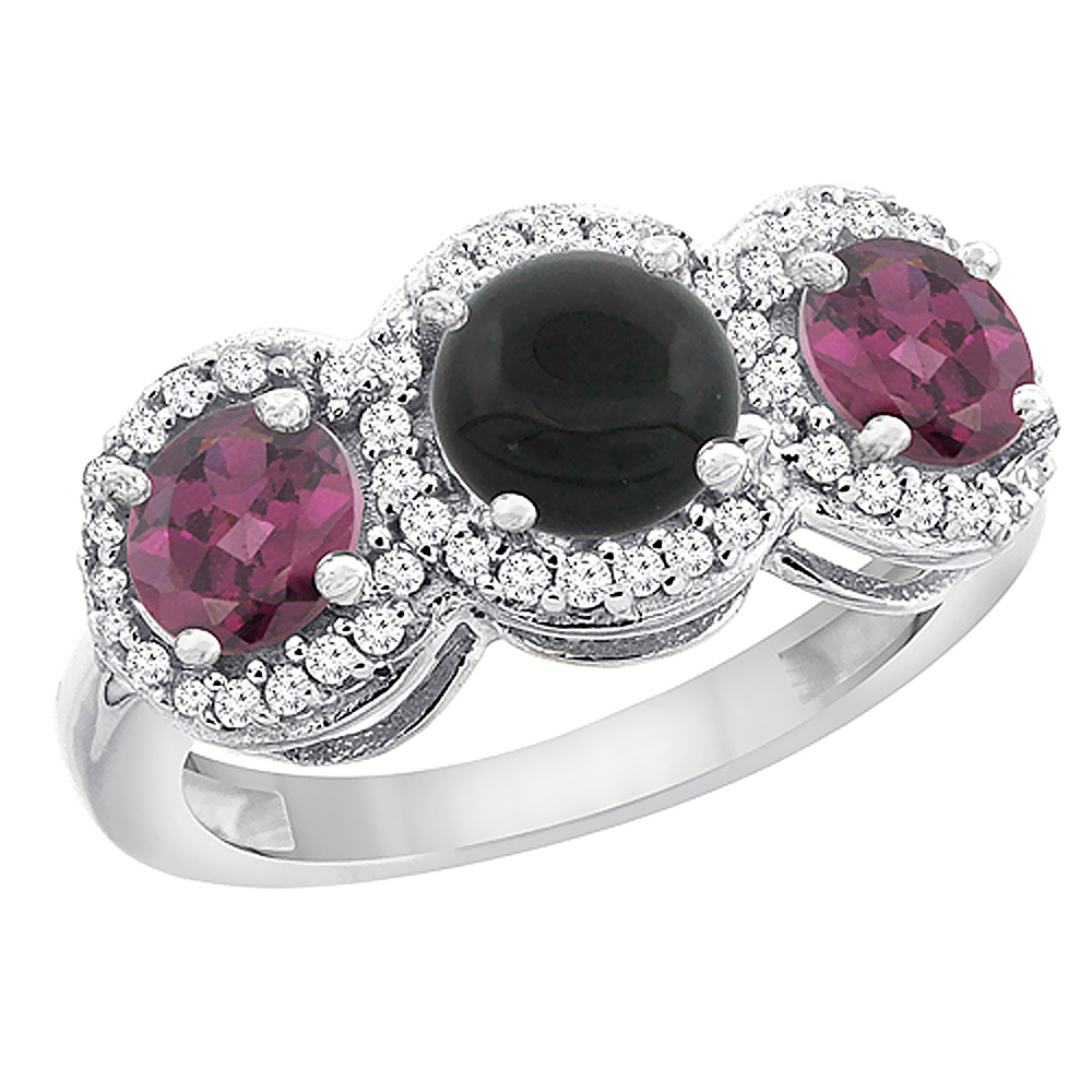 10K White Gold Natural Black Onyx & Rhodolite Sides Round 3-stone Ring Diamond Accents, sizes 5 - 10