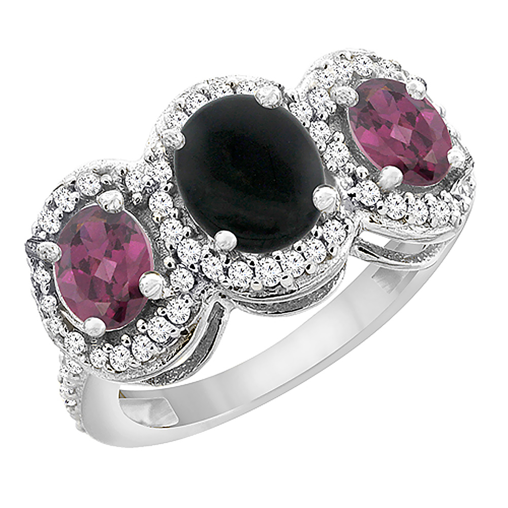 10K White Gold Natural Black Onyx & Rhodolite 3-Stone Ring Oval Diamond Accent, sizes 5 - 10