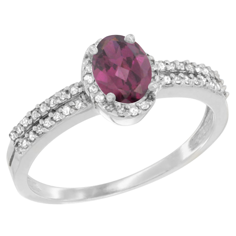 14K White Gold Natural Rhodolite Ring Oval 6x4mm Diamond Accent, sizes 5-10