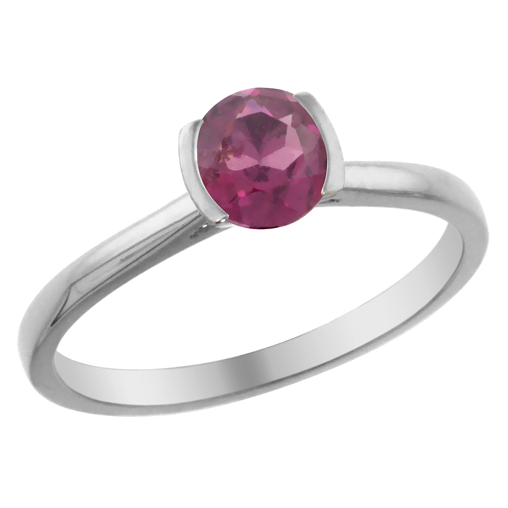 14K White Gold Natural Rhodolite Solitaire Ring Round 5mm, sizes 5 - 10