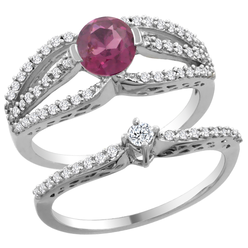 14K White Gold Natural Rhodolite 2-piece Engagement Ring Set Round 5mm, sizes 5 - 10