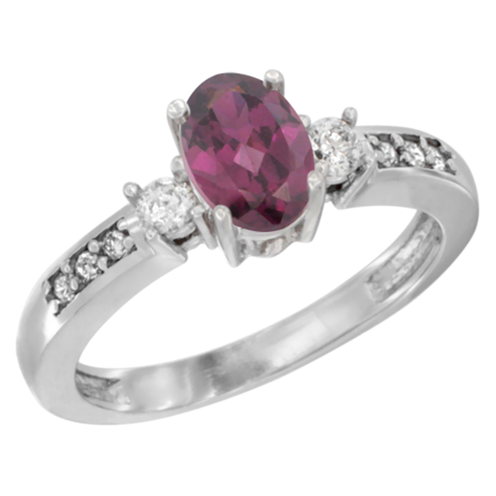 10K White Gold Diamond Natural Rhodolite Engagement Ring Oval 7x5 mm, sizes 5 - 10