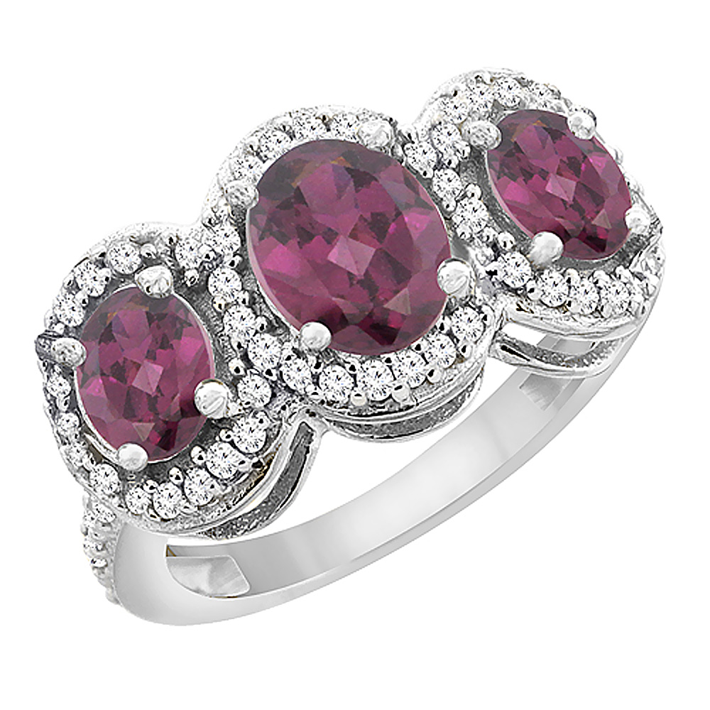 14K White Gold Natural Rhodolite 3-Stone Ring Oval Diamond Accent, sizes 5 - 10