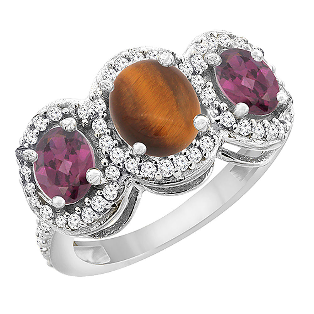 10K White Gold Natural Tiger Eye & Rhodolite 3-Stone Ring Oval Diamond Accent, sizes 5 - 10