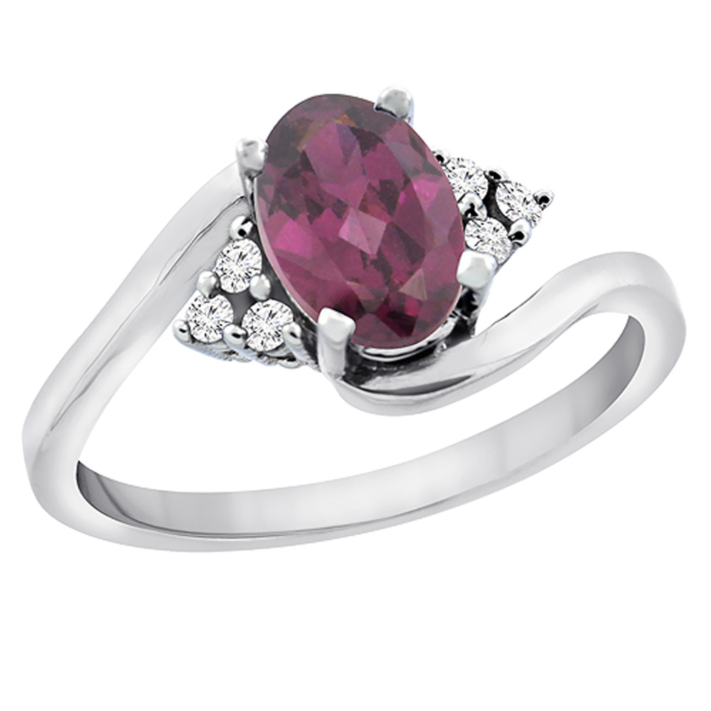 10K White Gold Diamond Natural Rhodolite Engagement Ring Oval 7x5mm, sizes 5 - 10