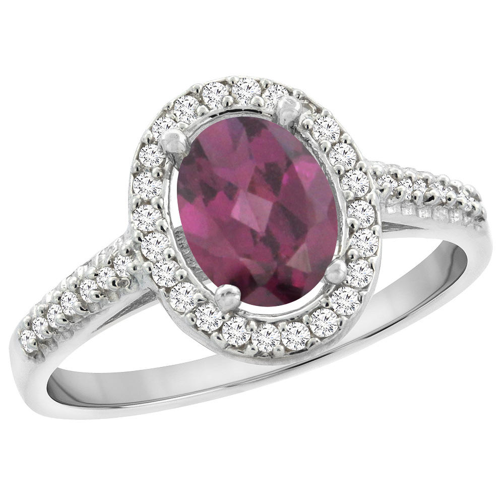 14K White Gold Natural Rhodolite Engagement Ring Oval 7x5 mm Diamond Halo, sizes 5 - 10