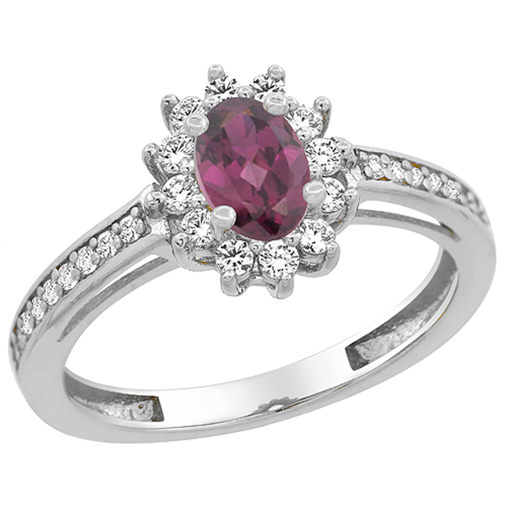 14K White Gold Natural Rhodolite Flower Halo Ring Oval 6x4mm Diamond Accents, sizes 5 - 10