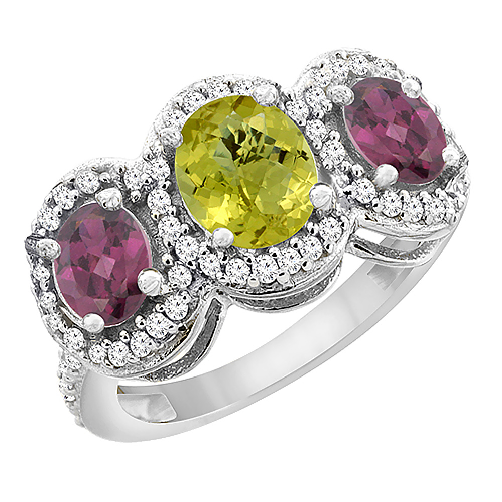 10K White Gold Natural Lemon Quartz & Rhodolite 3-Stone Ring Oval Diamond Accent, sizes 5 - 10