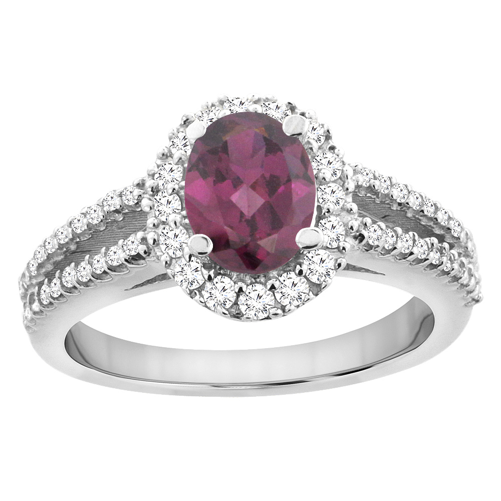 14K White Gold Natural Rhodolite Split Shank Halo Engagement Ring Oval 7x5 mm, sizes 5 - 10