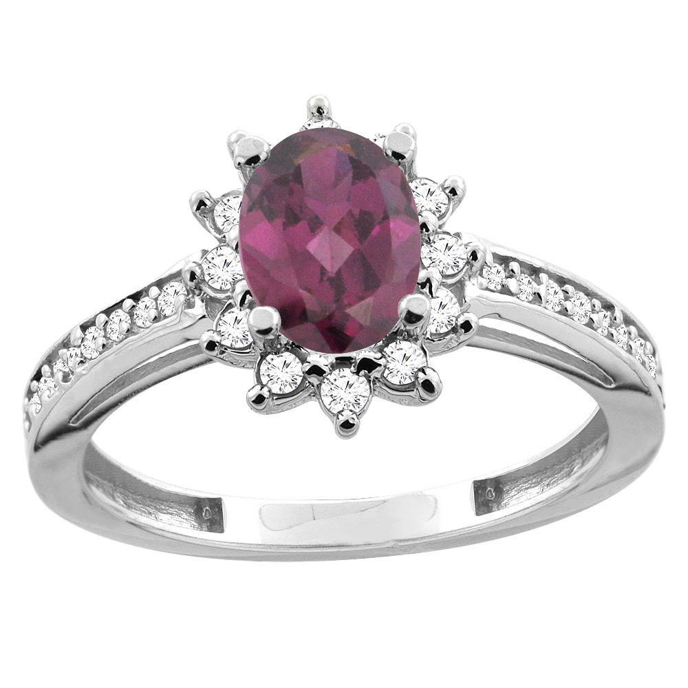 10K White/Yellow Gold Diamond Natural Rhodolite Floral Halo Engagement Ring Oval 7x5mm, sizes 5 - 10