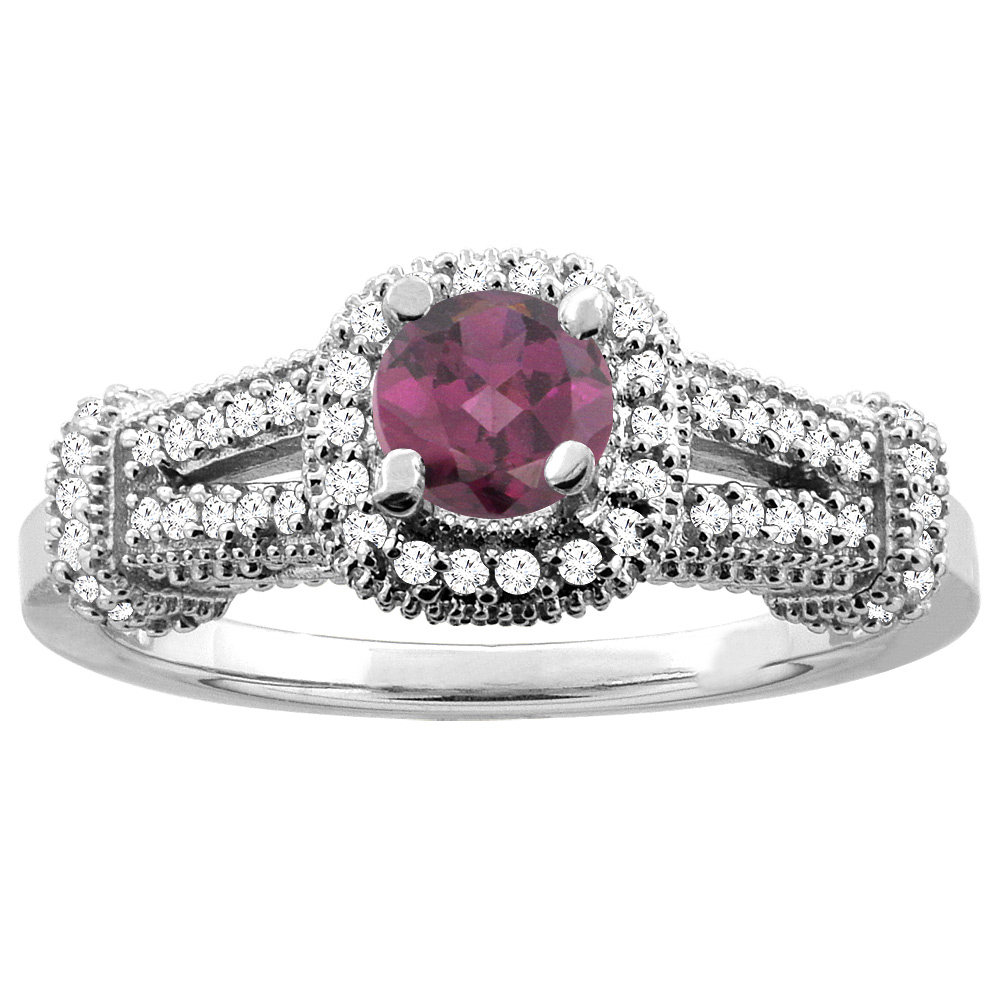 14K White Gold Natural Rhodolite Engagement Halo Ring Round 5mm Diamond Accents, sizes 5 - 10