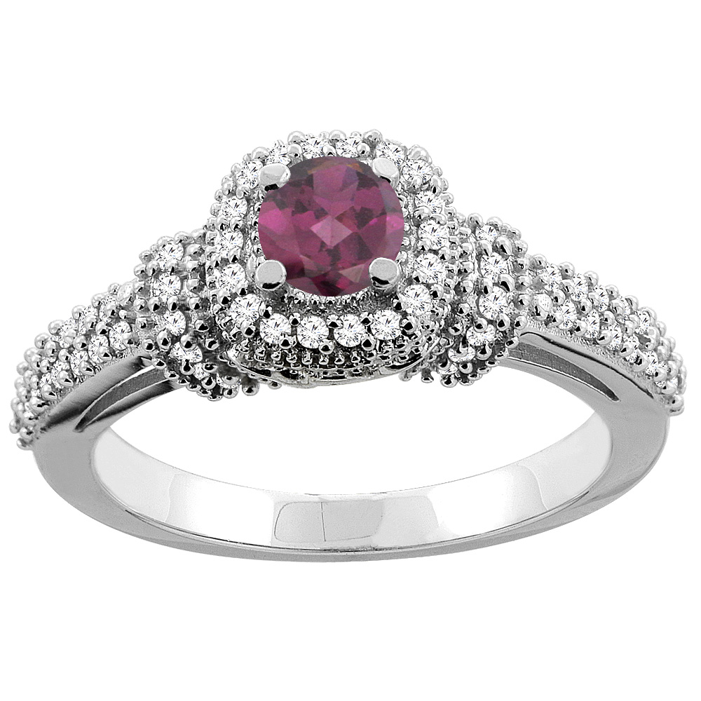 10K Gold Natural Rhodolite Engagement Halo Ring Round 5mm Diamond Accents, sizes 5 - 10
