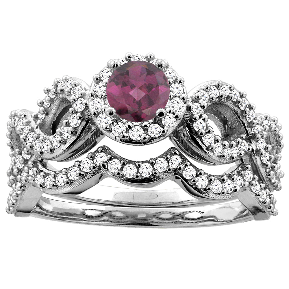 14K White Gold Natural Rhodolite Engagement Halo Ring Round 5mm Diamond 2-piece Accents, sizes 5 - 10