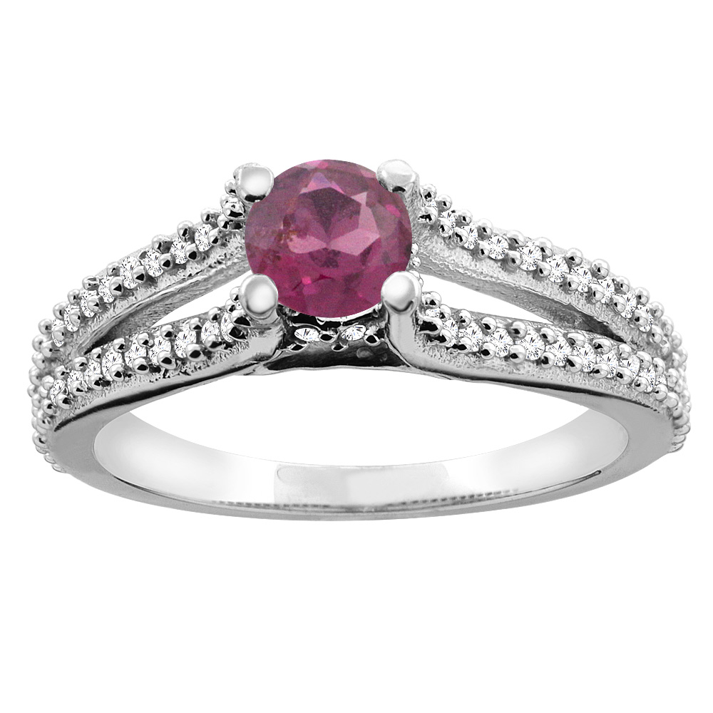 14K White Gold Natural Rhodolite Engagement Split Shank Ring Round 5mm Diamond Accents, sizes 5 - 10