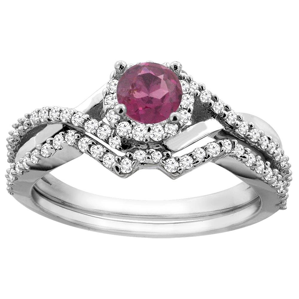 14K Gold Natural Rhodolite 2-piece Bridal Ring Set Round 5mm, sizes 5 - 10