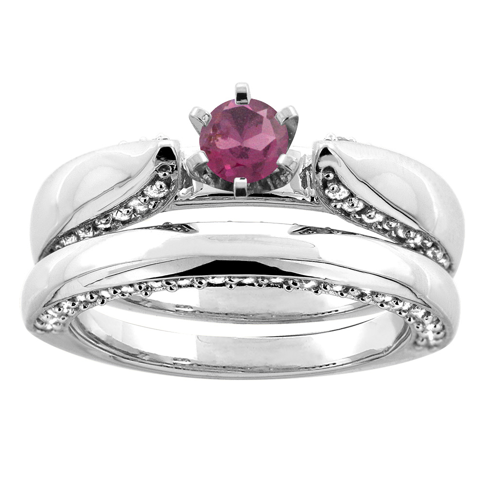 10K White Gold Natural Rhodolite 2-piece Bridal Ring Set Diamond Accents Round 5mm, sizes 5 - 10