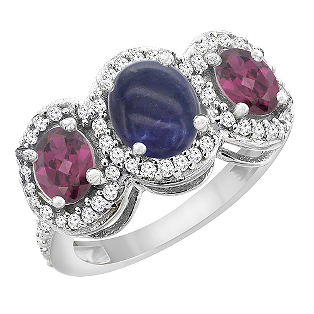 10K White Gold Natural Lapis & Rhodolite 3-Stone Ring Oval Diamond Accent, sizes 5 - 10