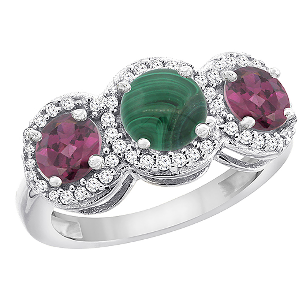 10K White Gold Natural Malachite & Rhodolite Sides Round 3-stone Ring Diamond Accents, sizes 5 - 10