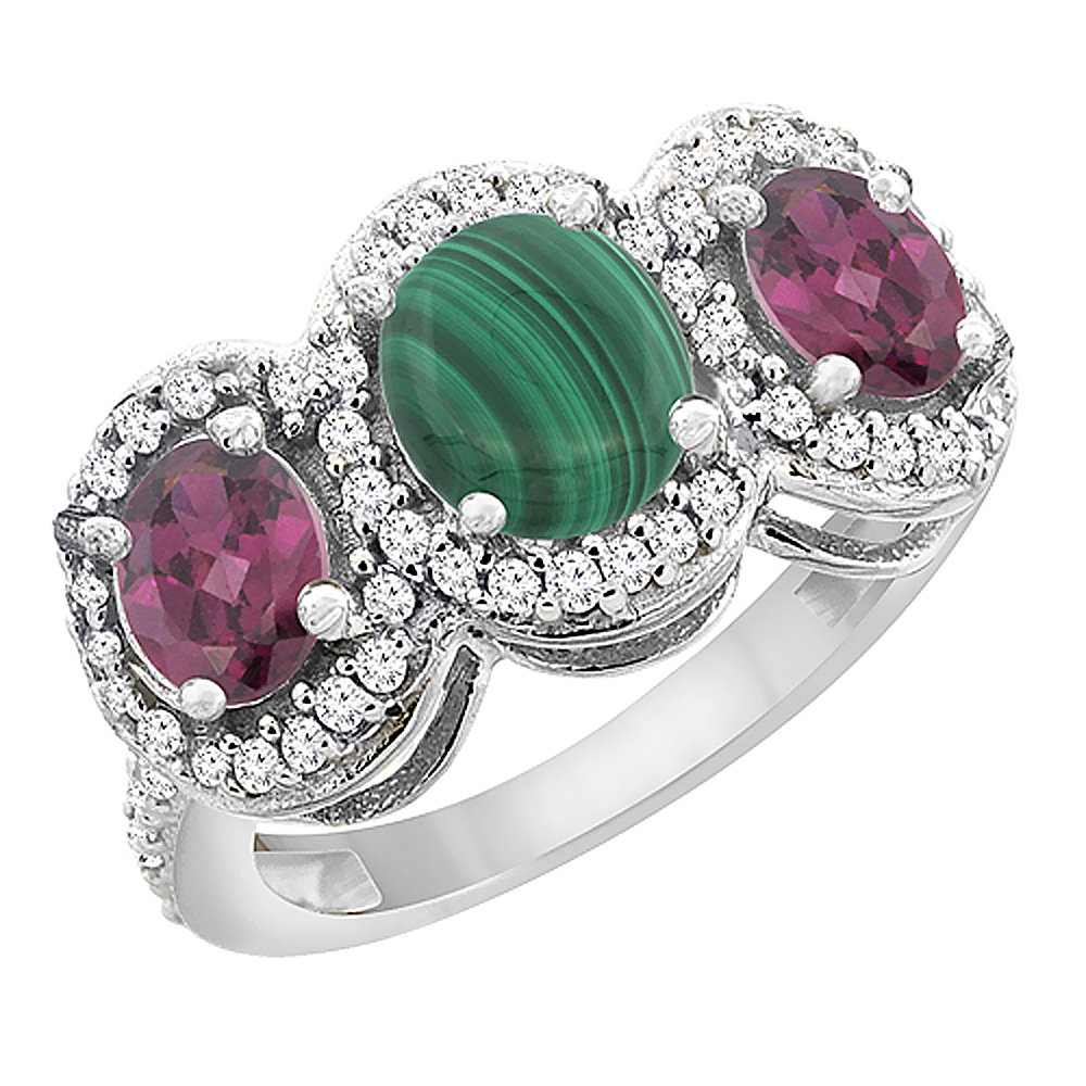 14K White Gold Natural Malachite & Rhodolite 3-Stone Ring Oval Diamond Accent, sizes 5 - 10