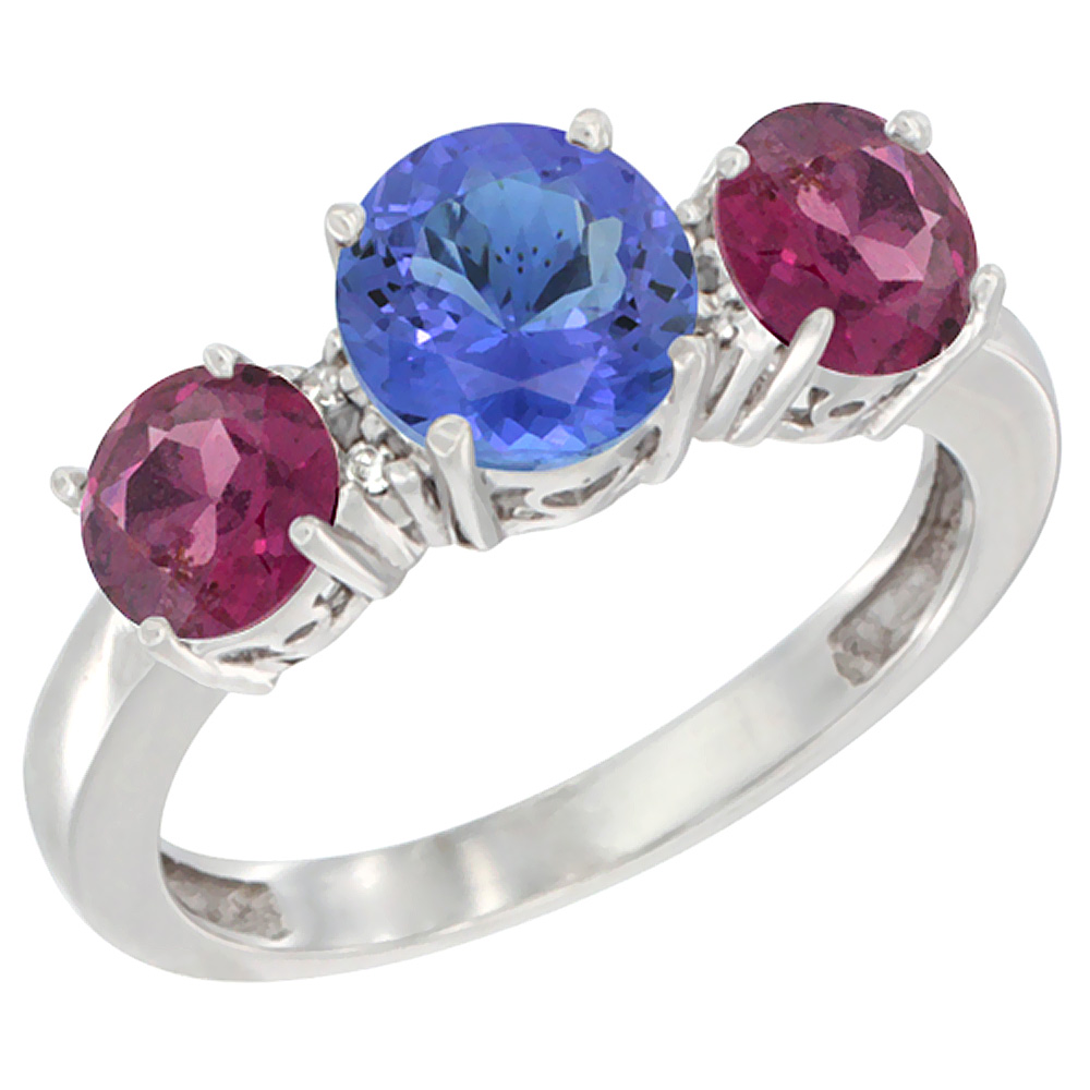 10K White Gold Round 3-Stone Natural Tanzanite Ring & Rhodolite Sides Diamond Accent, sizes 5 - 10