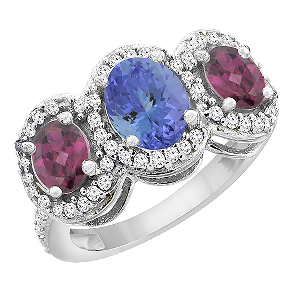 14K White Gold Natural Tanzanite & Rhodolite 3-Stone Ring Oval Diamond Accent, sizes 5 - 10