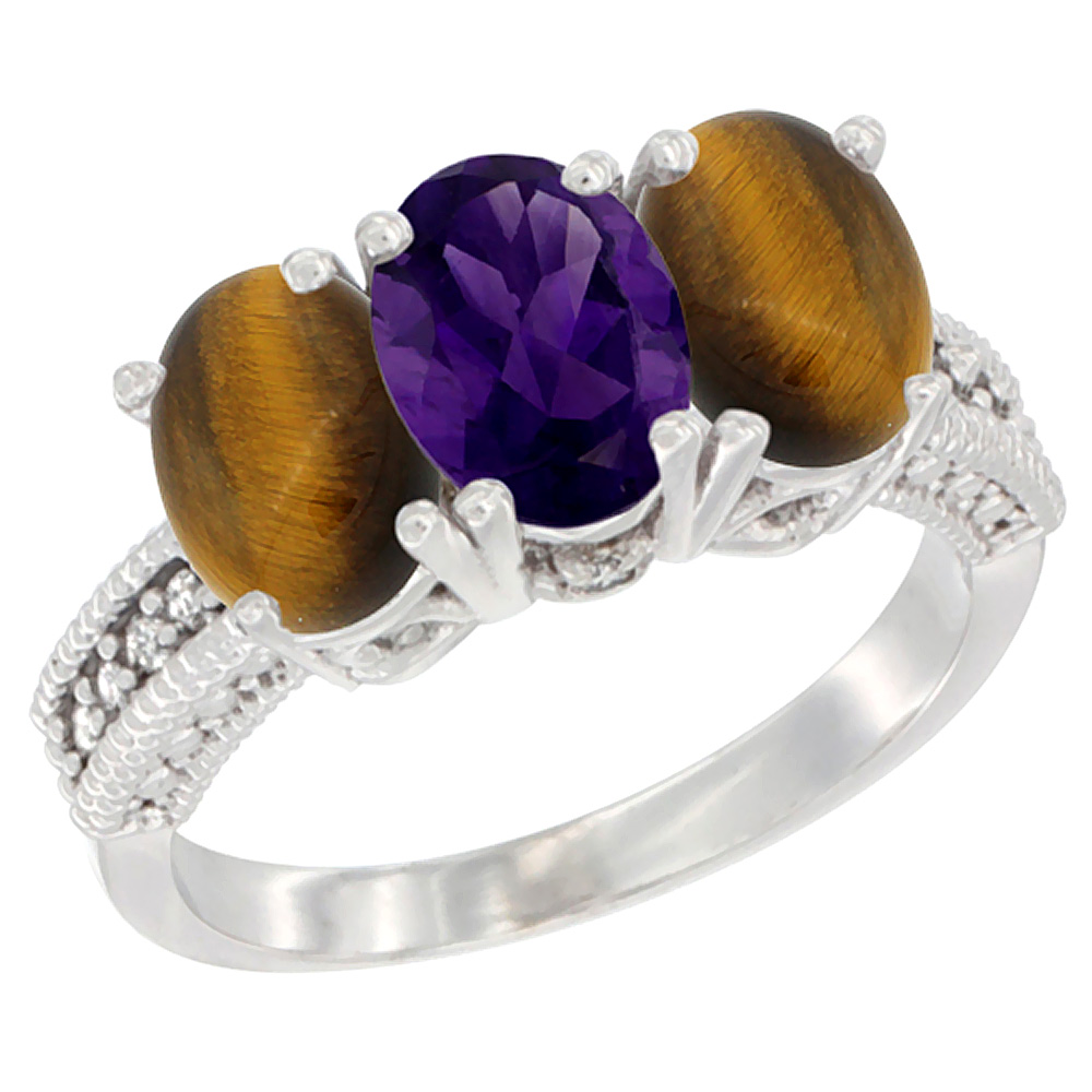 10K White Gold Diamond Natural Amethyst & Tiger Eye Ring 3-Stone 7x5 mm Oval, sizes 5 - 10