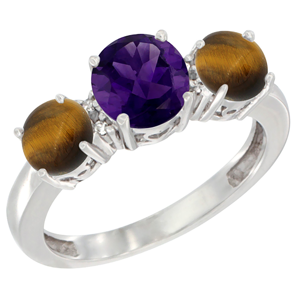 14K White Gold Round 3-Stone Natural Amethyst Ring & Tiger Eye Sides Diamond Accent, sizes 5 - 10