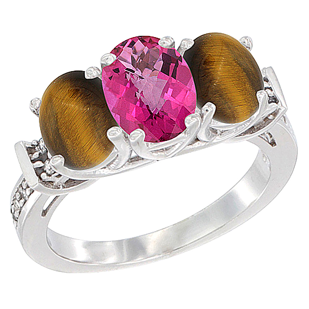 14K White Gold Natural Pink Topaz & Tiger Eye Sides Ring 3-Stone Oval Diamond Accent, sizes 5 - 10